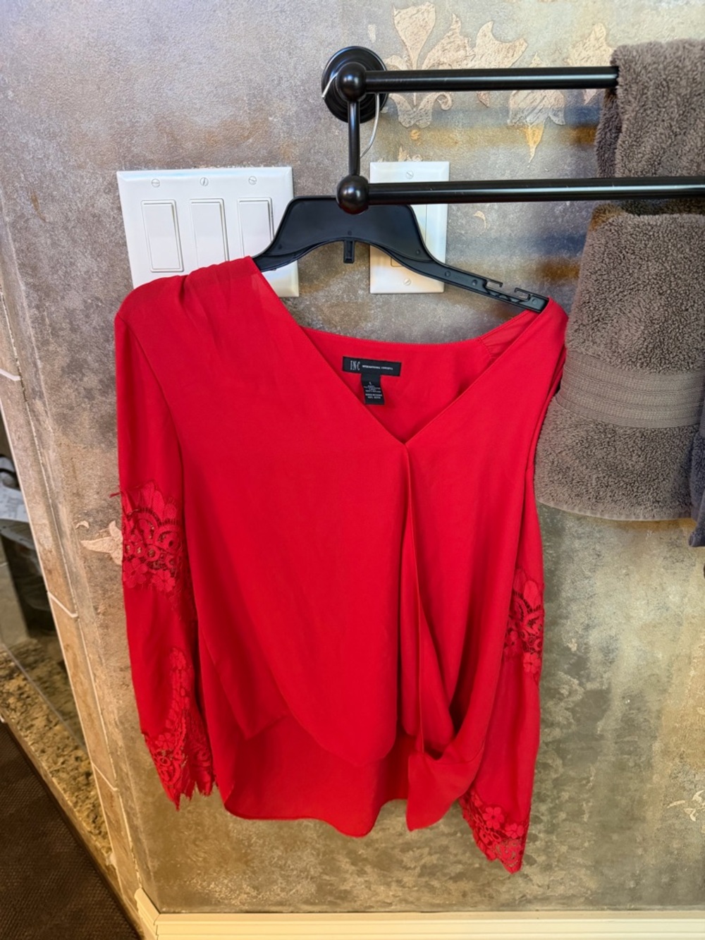 INC International Concepts Red V-Neck Blouse with Lace Sleeves